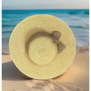 Straw Sun Hat Beige Wide Brim‎ Lace Band Bow Adjustable Summer Beach Lightweight